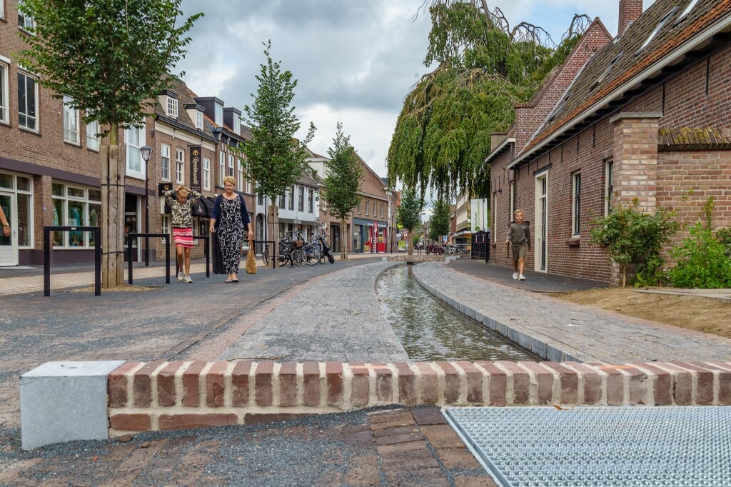 Op diverse plekken van de Rechterstraat zijn de Binnendommeltjes weer zichtbaar gemaakt. Vanaf Villa Phaf bijvoorbeeld richting de Rozemarijnstraat middels een watergeul. (Foto: Hans van Doorn).