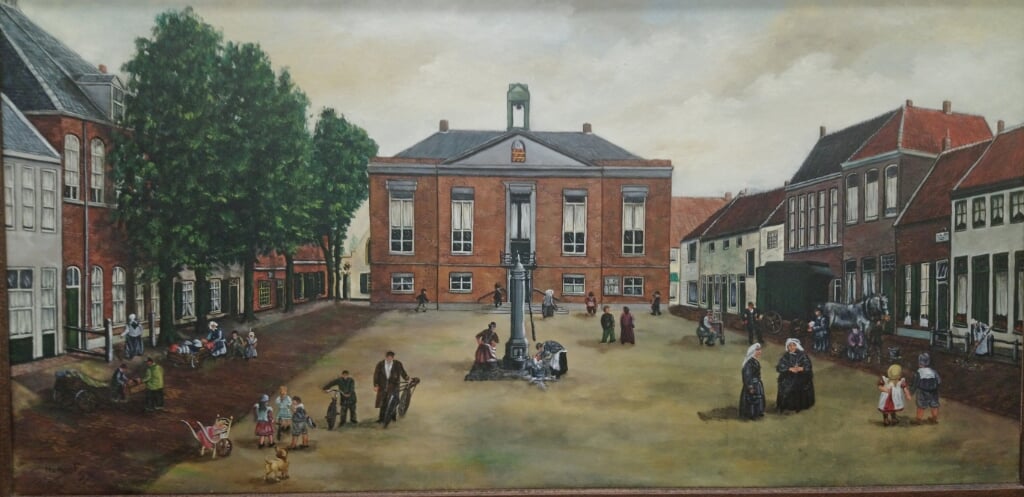 Markt Boxtel met het in 1936 gesloopte raadhuis en de dorpspomp. 