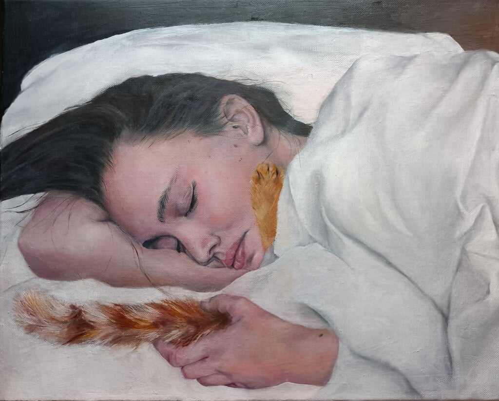 'Met een kater in bed' is een van de schilderijen van Daisy Karthaus die is te zien in D'n Liempdsen Herd.