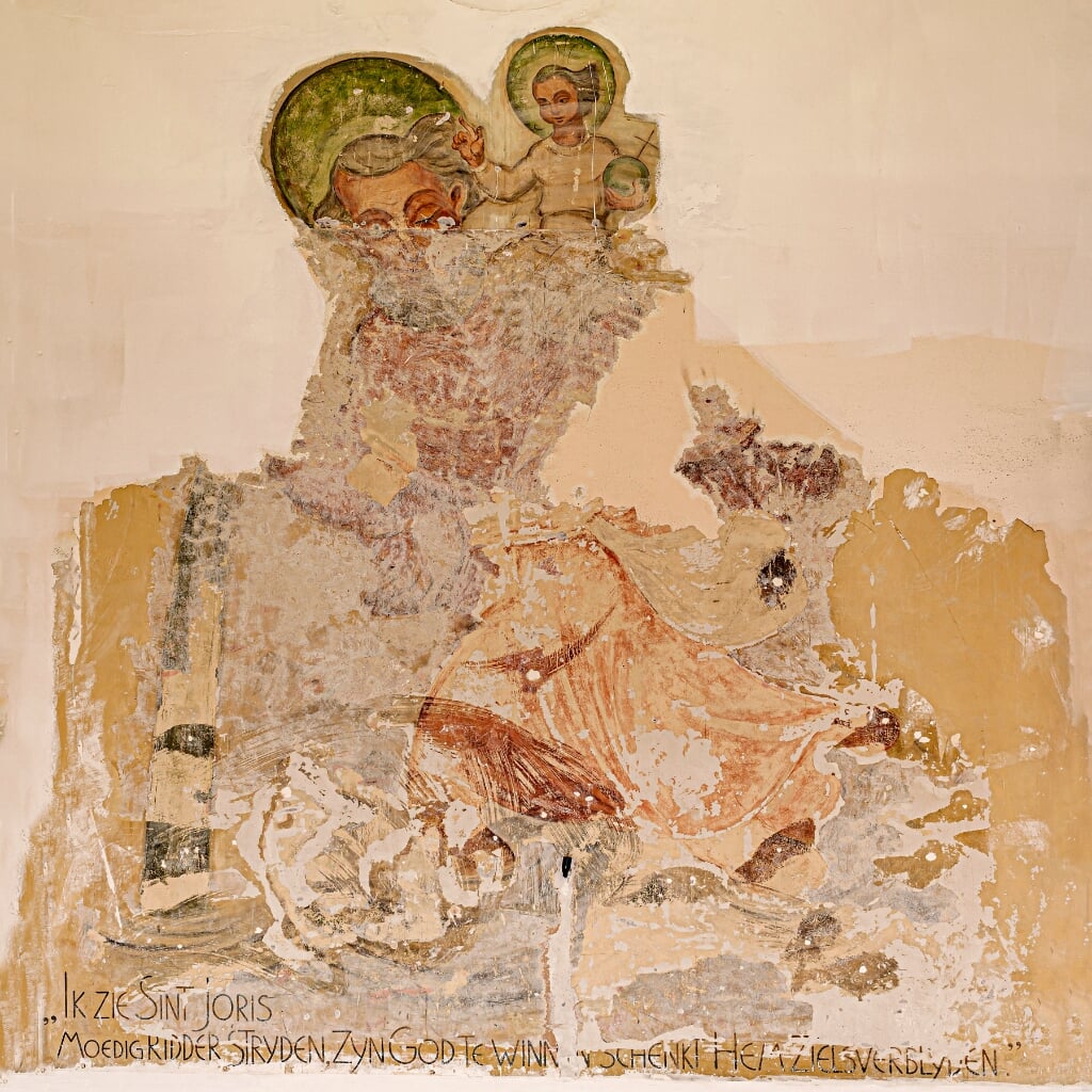Restant van de muurschildering met een afbeelding van Sint-Joris, te vinden in het voorste deel van de foyer van De Ark. De voorstelling is gemaakt door de Boxtelse kunstenaar Toon Ninaber van Eyben.