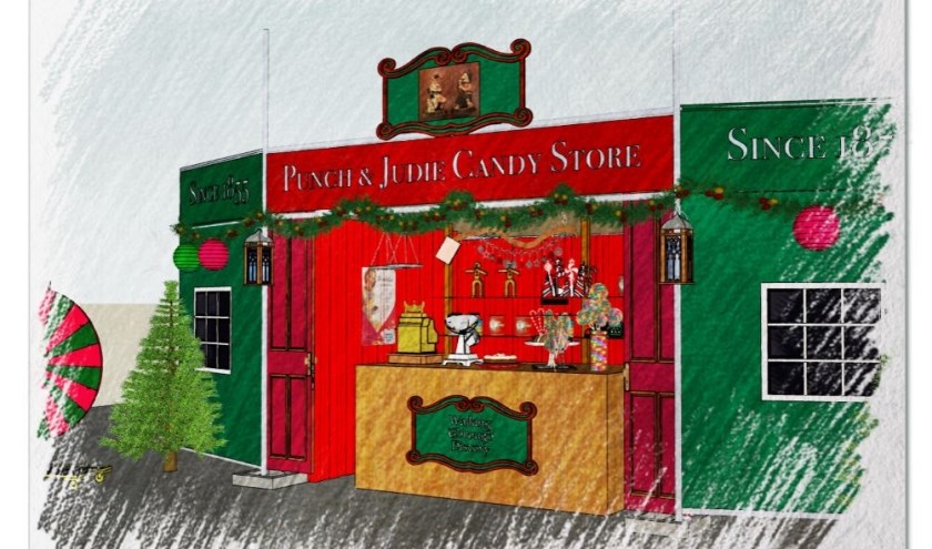 De schets van de 'Old English Candyshop' die te zien zal zijn.