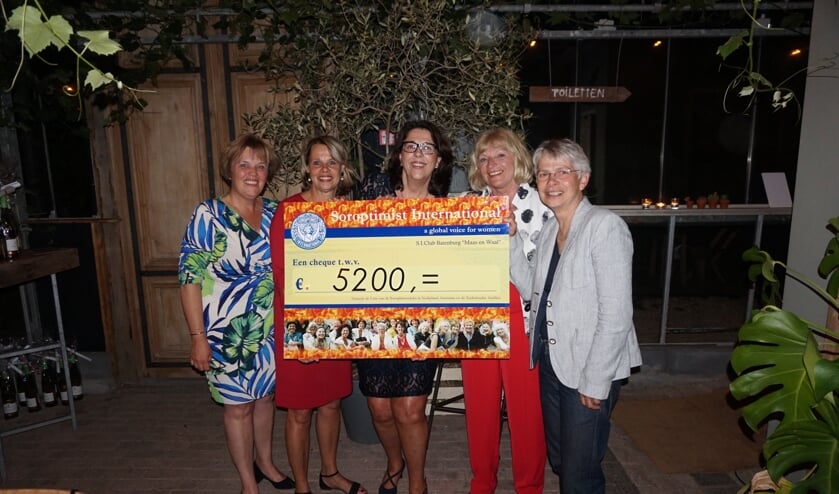 Mevrouw Lenie Scholten (rechts op foto), voorzitter van de stichting Wereldvrouwenhuis, neemt de cheque in ontvangst.