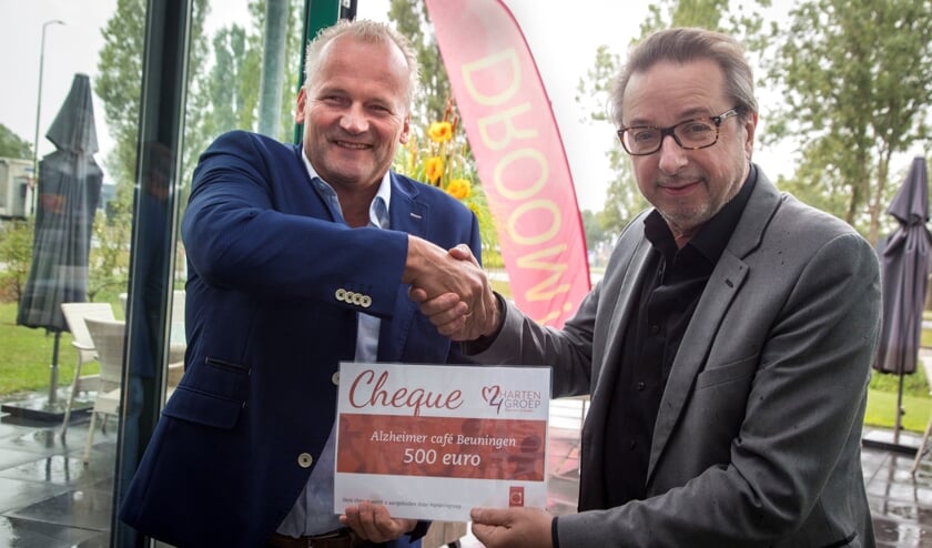 Erik Langedijk (L) overhandigt de cheque aan Ger Loeffen (R)