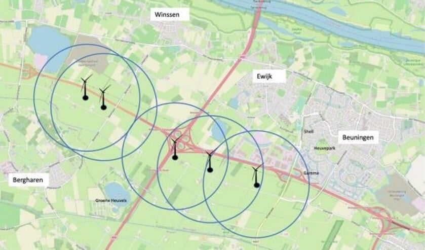 Overzicht windmolens in Windpark Beuningen met hindercirkel van 1 kilometer.