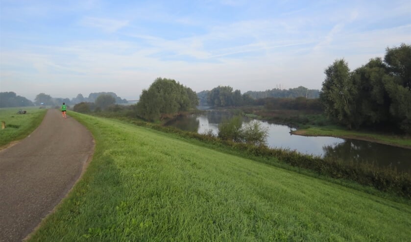 <p>Wandelaar op de dijk, uiterwaarden Ewijk</p>