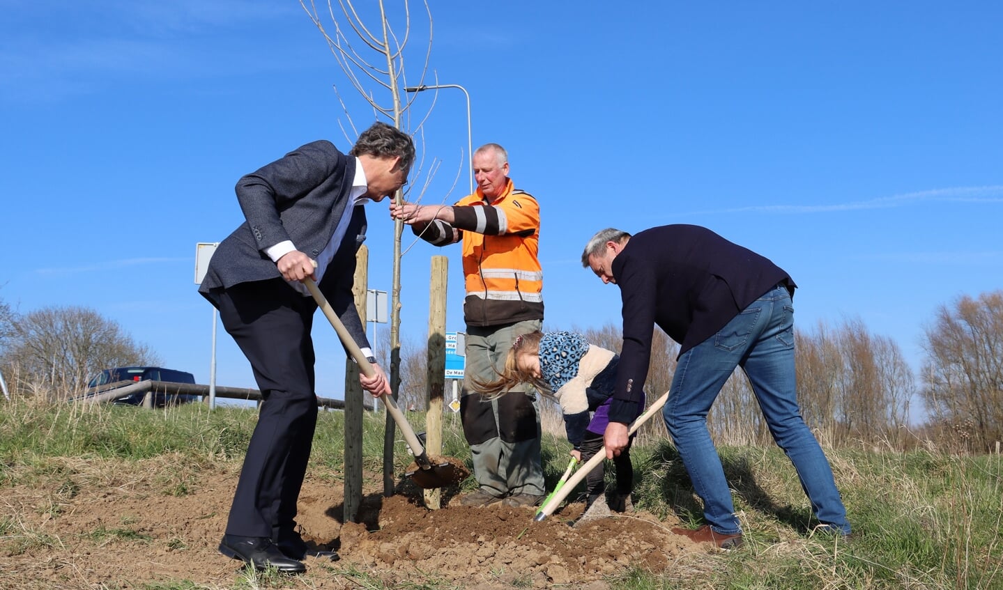 Vrijdagmiddag heeft wethouder René Cruijsen samen met zijn kleindochter Kate een nieuwe bakenboom geplant aan de veerstoep te Appeltern. Wethouder Johan van der Schoot uit de gemeente Oss hielp een handje mee. 