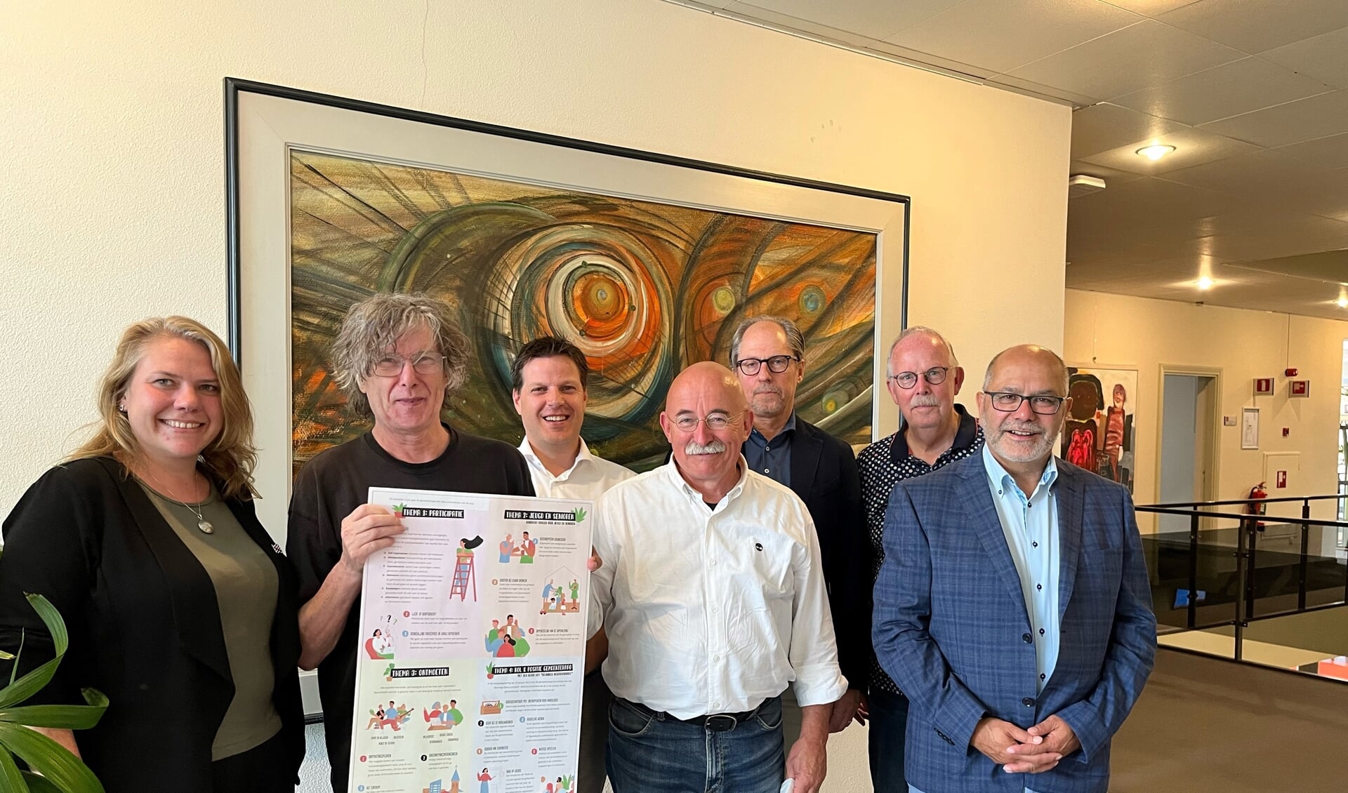 De voorzitters van de gemeenteraadsfracties presenteren het Raadsprogramma 2022-2026.
Van links naar rechts: Geeske Lukker (GL), Jos Swartjes (SP), Peter Lam (D66), Eric van Ewijk (BN&M), Erwin Rengers (VVD), Hans Crezee (PvdA) en Dave Preijers (CDA). 
