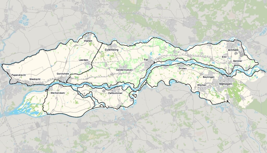 Overzicht van de rivierdijken in beheer van Waterschap Rivierenland.