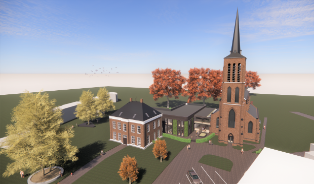 <p>Impressie van de nieuwbouw van de Basisschool Petrus en Paulus, woningen en de kerk in Eerde.</p> 