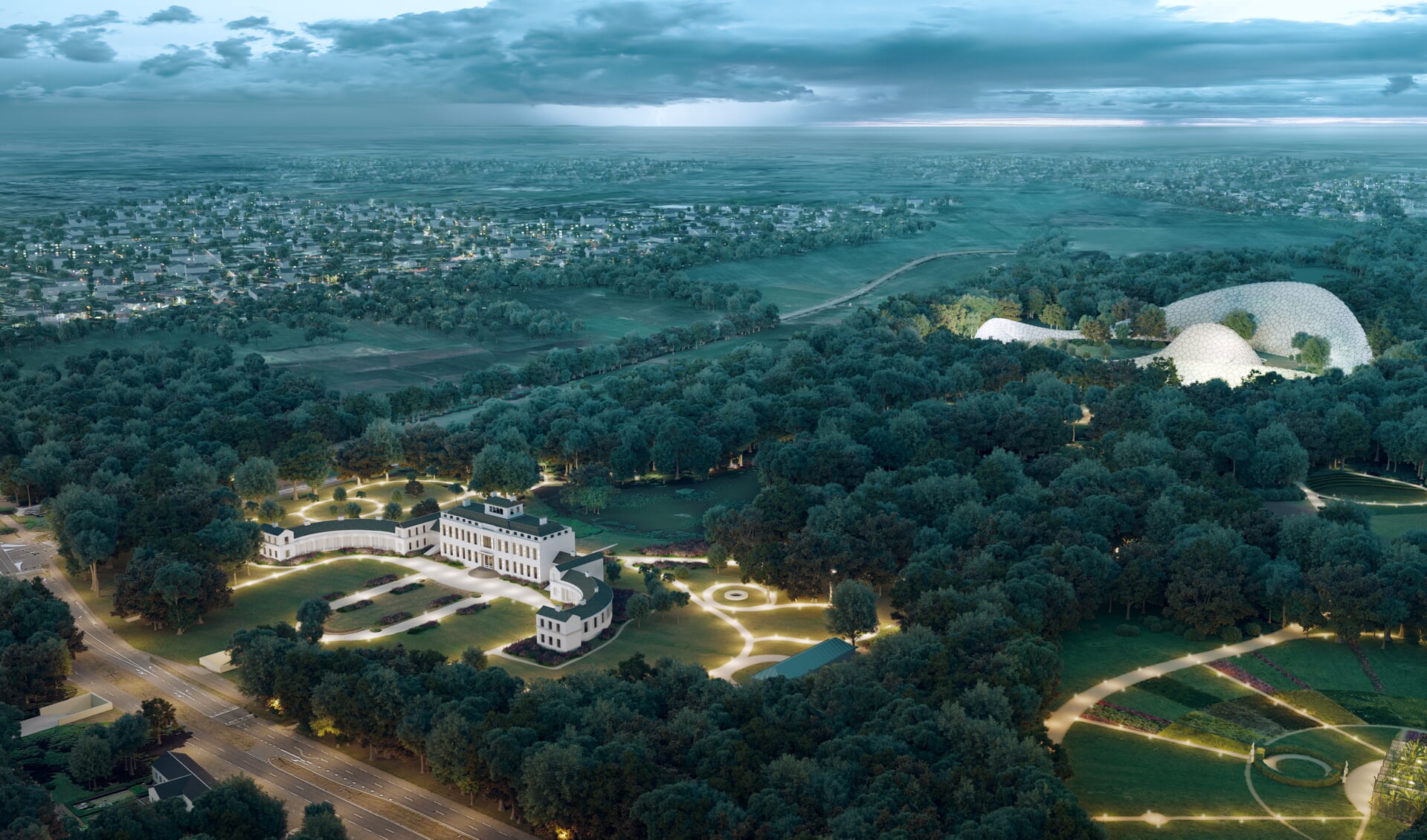 Het plan van Eden Soestdijk in 2017. met in het bos achter het paleis een grote kunststof hal. 