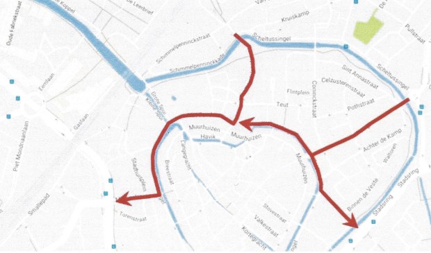 Plattegrond met sluiproutes uit de probleemanalyse.
