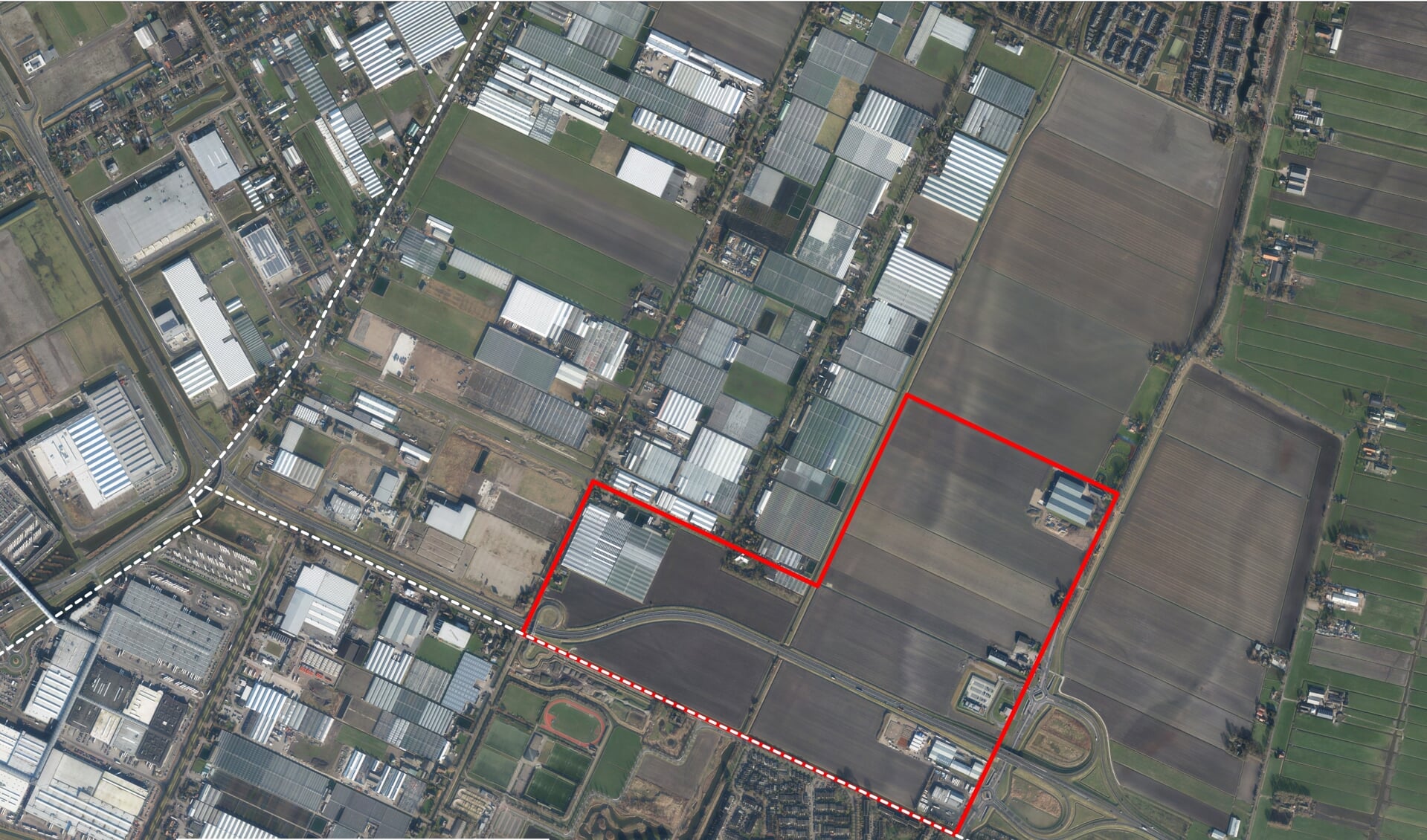Luchtfoto van toekomstig bedrijventerrein Zuid dat aan twee kanten van de N201 ligt.