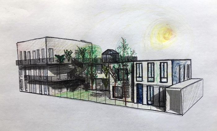 Schets van het ontwerp het groene hofje
