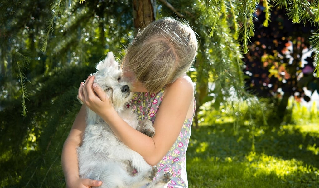 meisje knuffelt hond