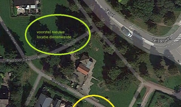 In onderste cirkel komen 10 appartementen, in bovenste cirkel de nieuwe weide voor de kinderboerderij