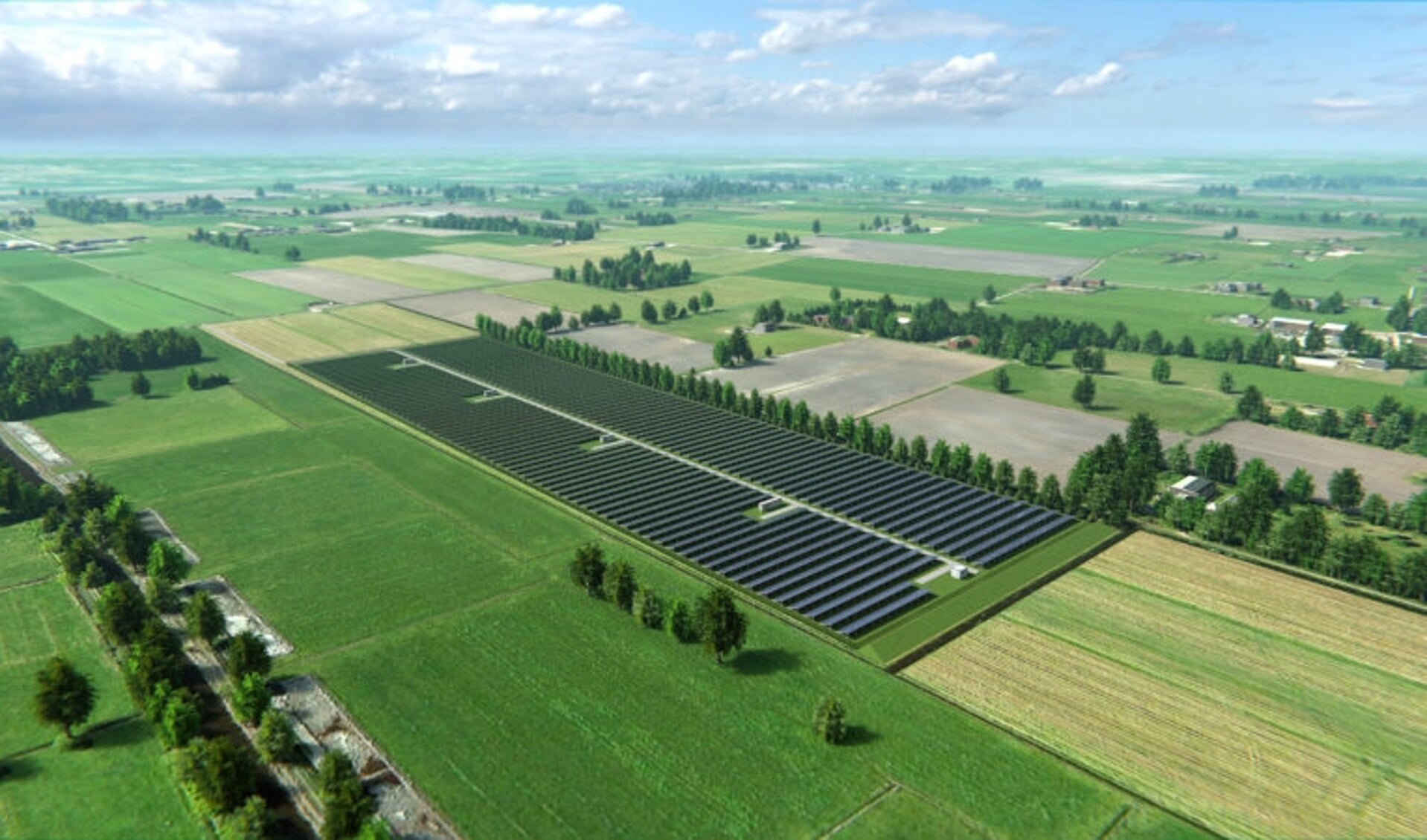 Voorbeeld van landschappelijk inpassing van een zonneveld, te zien op www.zonneveldenbunnik.nl