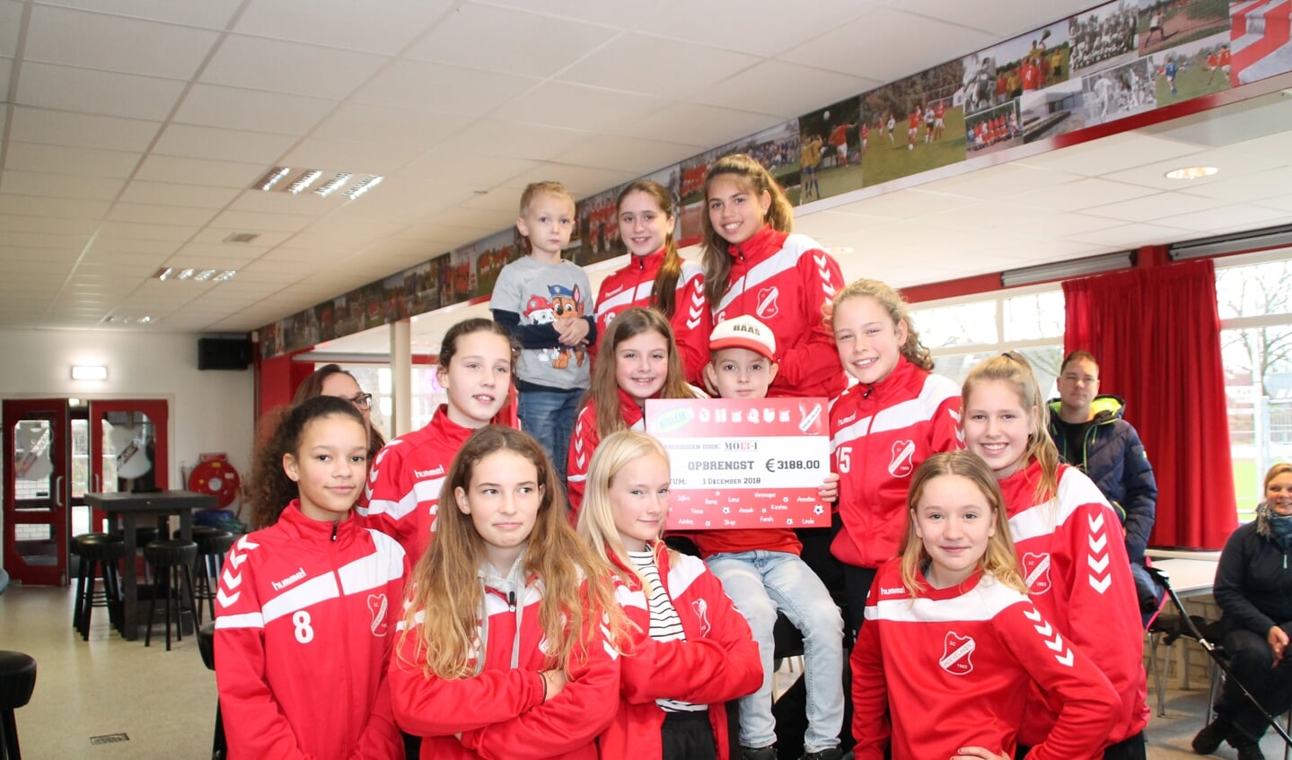 De speelsters van MO13-1 op de foto met Willem en de uitgereikte cheque.