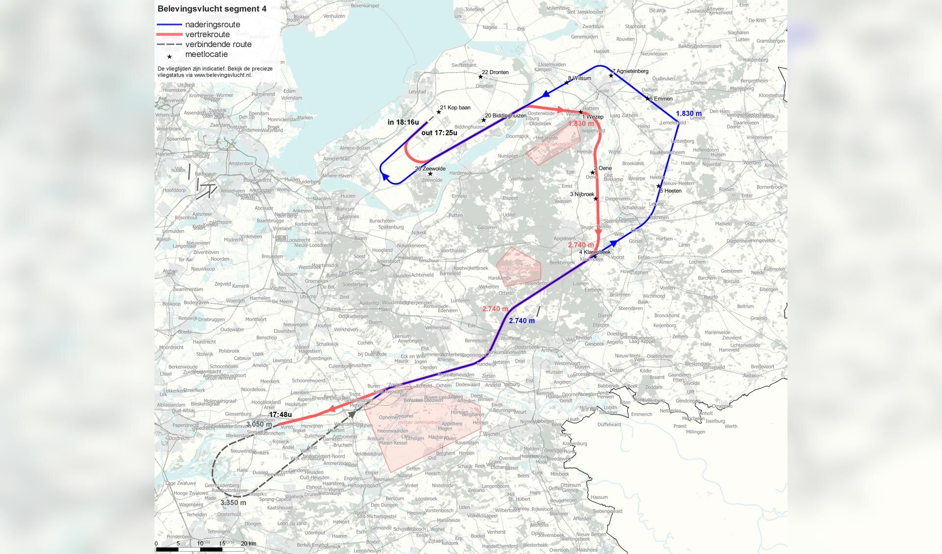 Archieffoto van de belevingsvlucht eerder dit jaar. De route onder Rhenen, tussen Wageningen/Renkum en langs Ede is gepland op 2740 meter hoogte.