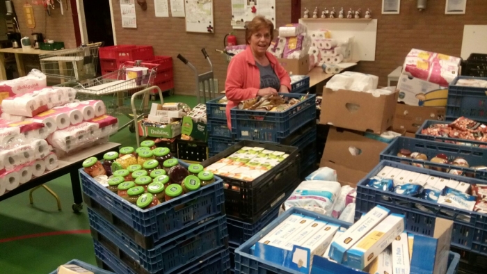 Een deel van de opgehaalde producten in de Opslag van de voedselbank