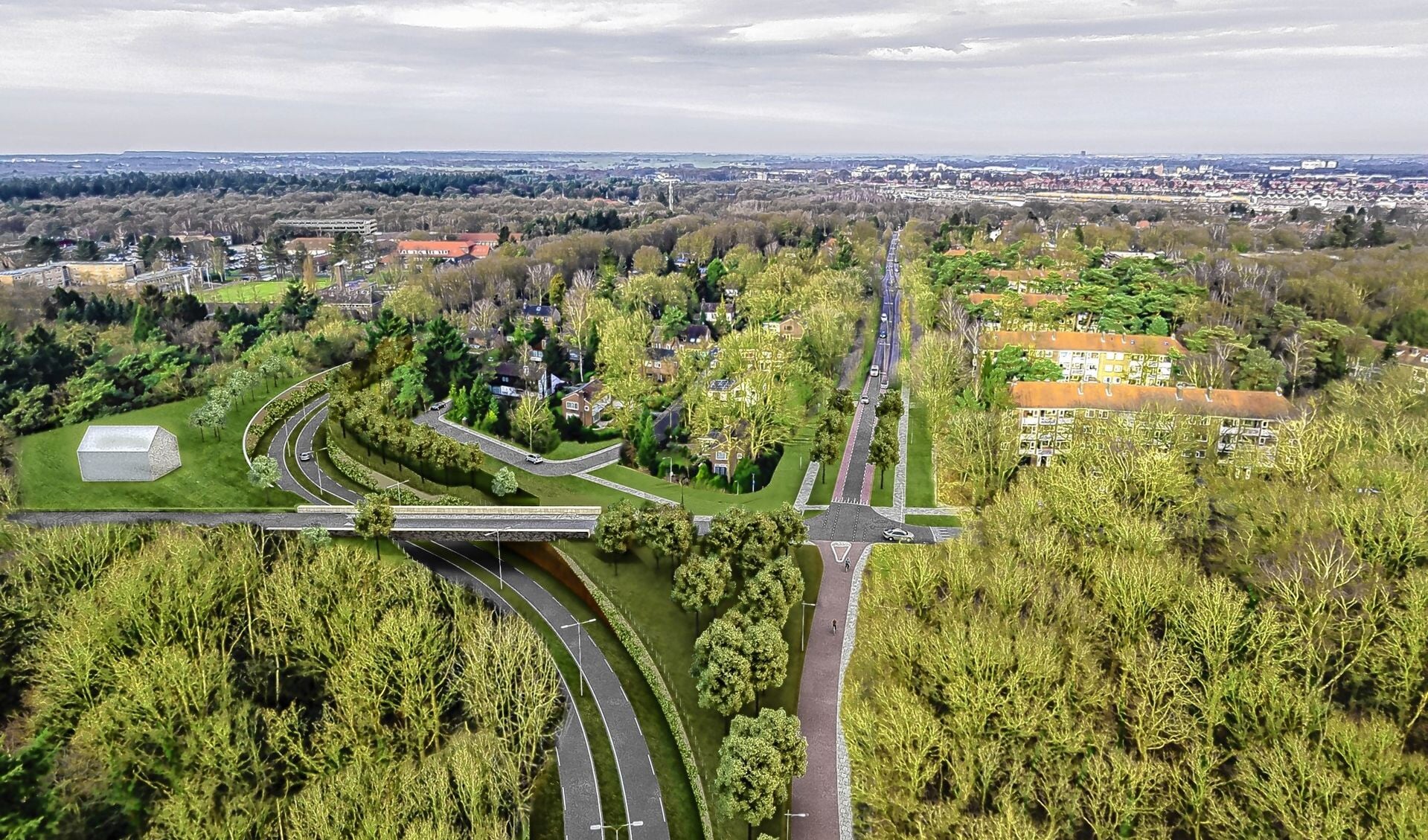 Artists impression van de 'westelijke ontsluiting', waarvoor in Birkhoven en de Bokkeduinen zo'n 3.000 bomen moeten wijken. 