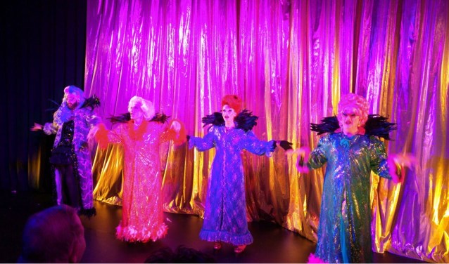 Ook de Haarlems acteur Alexander van Doorn (rechtsmidden) is aanwezig als dragqueen Multiple Joyce.