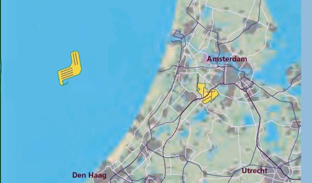De door Flyland onderzochte opzet van een luchthaven in zee.