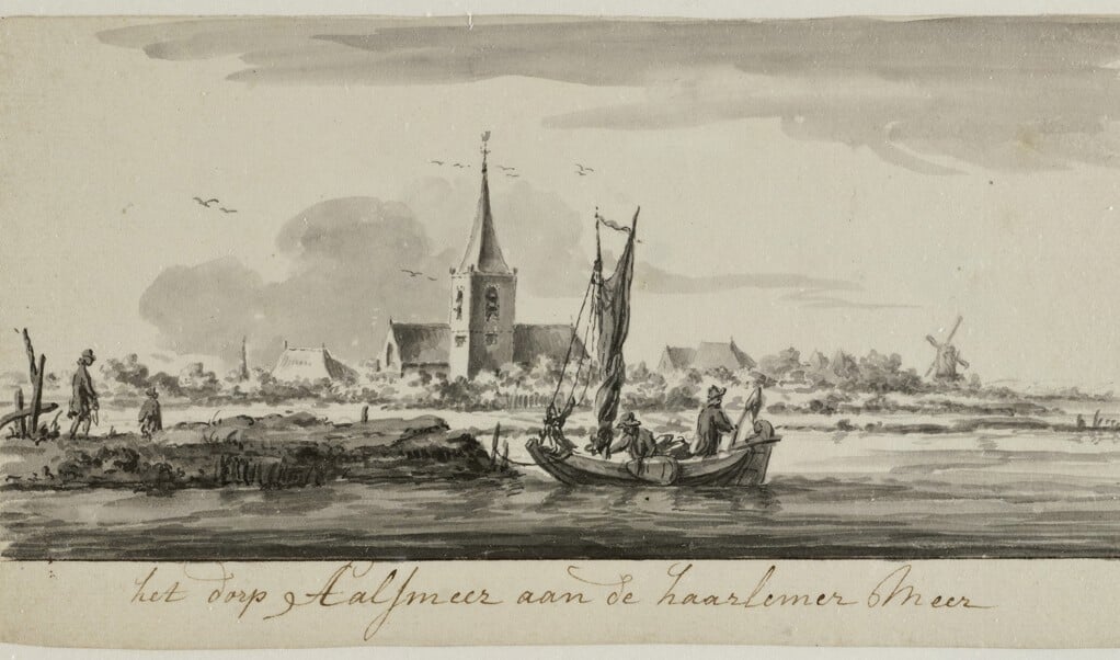 Prent van Pieter Idserts: ‘Gezicht op Aalsmeer vanaf het Haarlemmermeer’. De dijk links werd later Haarlemmermeers eerste infrastructuur 