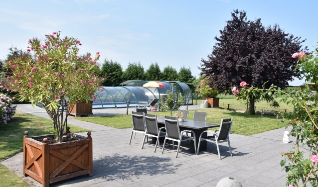 Het terras in de achtertuin, met zwembad