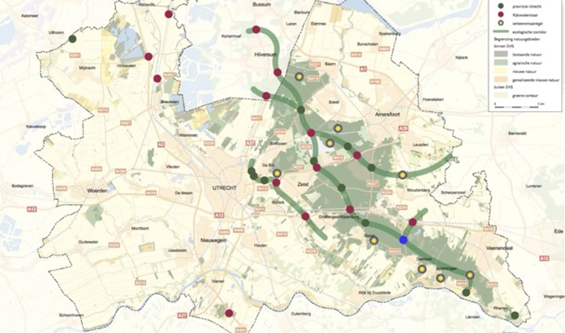 Het ecoduct (blauwe punt) vormt een schakel in de verbinding tussen het zuidelijke en middendeel van Utrechtse Heuvelrug.