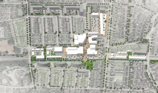 Een vogelvluchtperspectief van het toekomstige centrum uit het concept DSO.