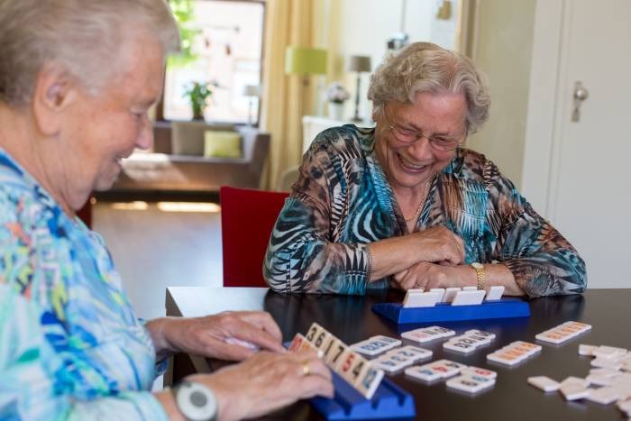 Bezoekers van het dagcentrum genieten van een spelletje rummikub.