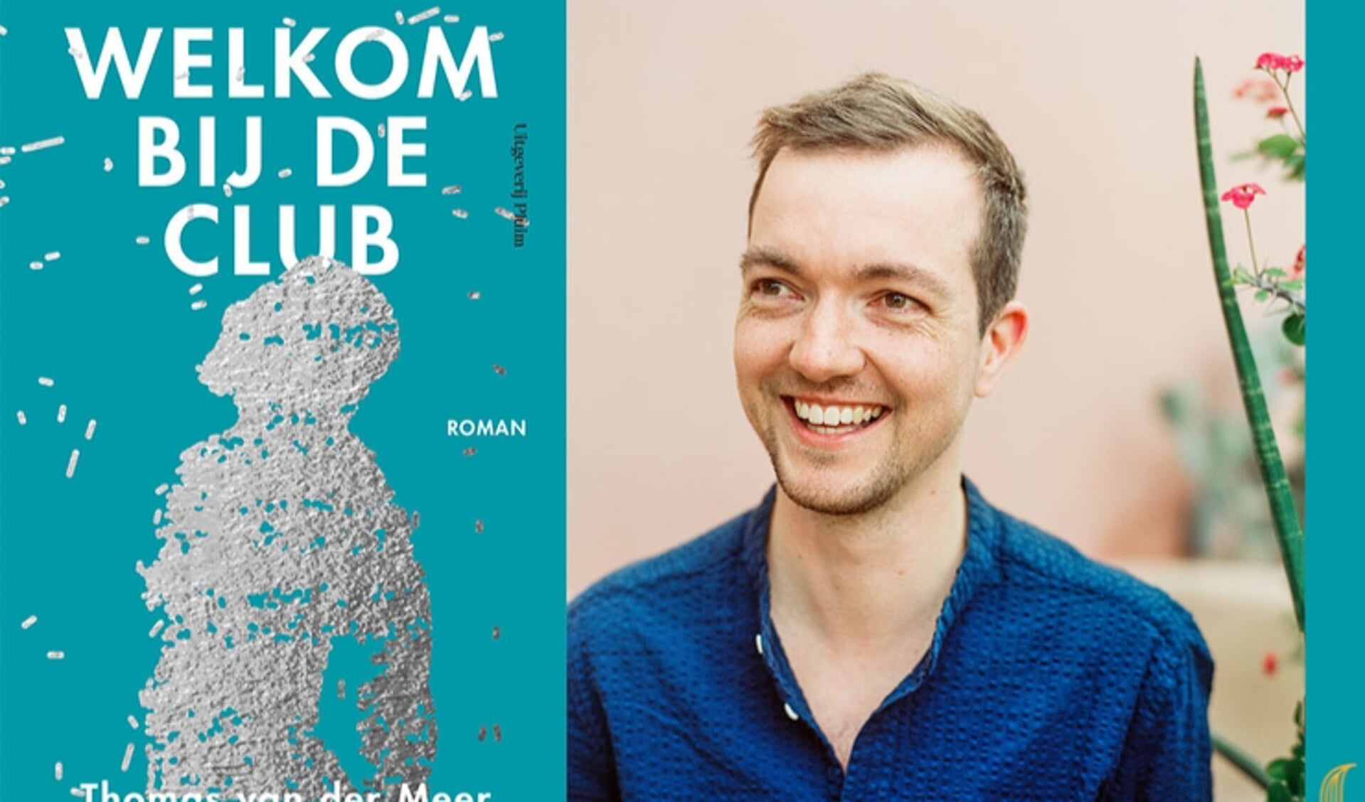 Thomas van der Meer met de omslag van zijn debuutroman, 'Welkom bij de club'