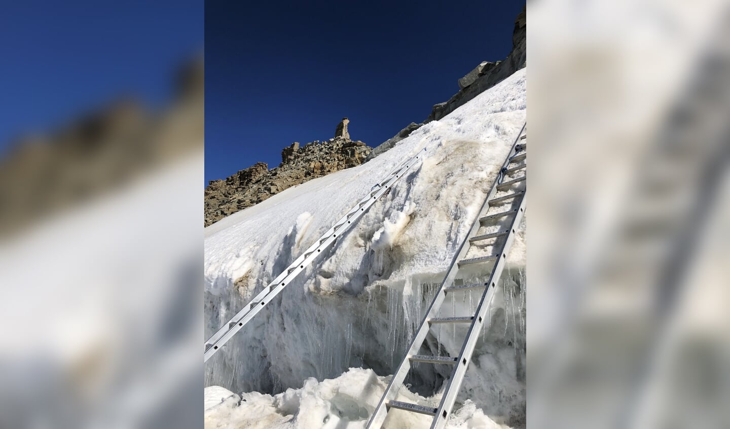Sommige gletsjer spleten konden alleen genomen worden omdat er aluminium trappen over heen gelegd waren.