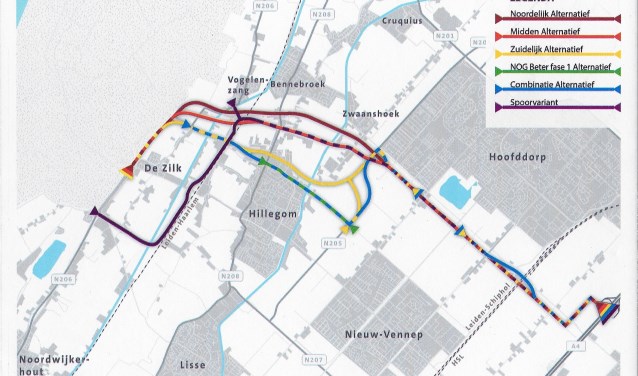 De verschillende varianten voor de Duinpolderweg.