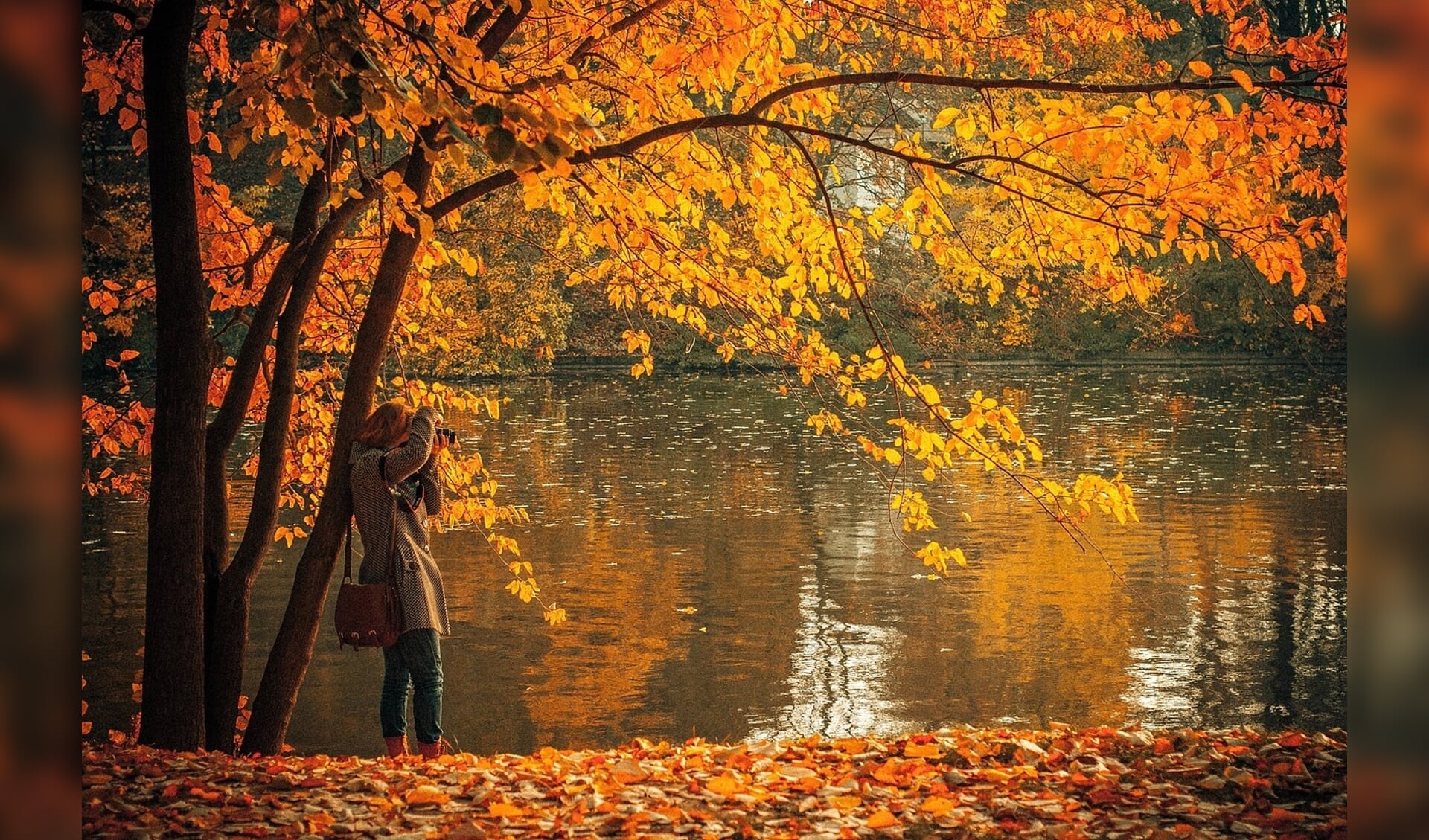 vrouw bij herfstmeer