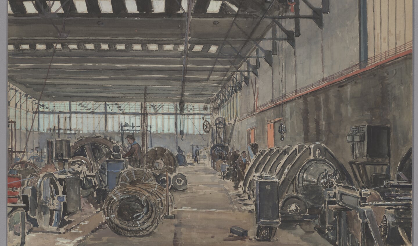 Interieur van de Staalkabelfabriek Den Haan in 1952. Gouache van Bart Peizel.