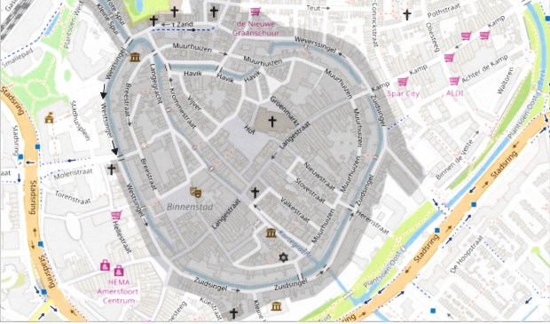 De geplande autoluwe binnenstad; het donker gekleurde gedeelte wordt autoluw en misschien ook scooterluw.
