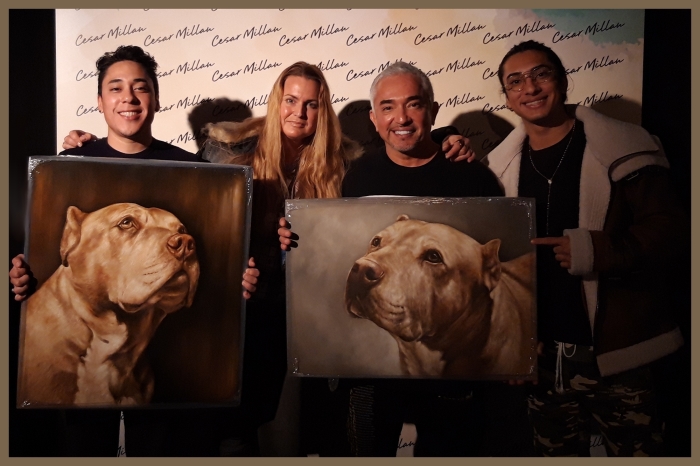 Andre Millan (zoon) , Paula Collewijn, Cesar Millan en Calvin Millan (zoon)