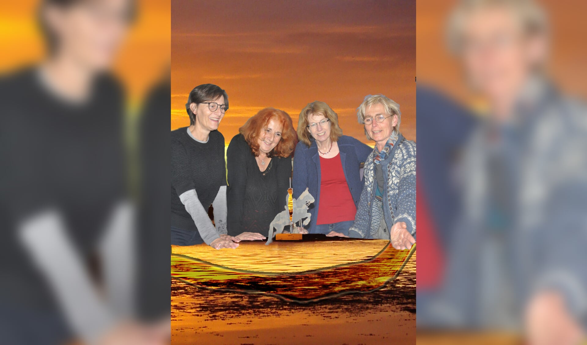 De leden van de eiland haiku jury v.l.n.r. (Marike Leeuwenkamp, Marja Oosterman, Loethe Olthuis, Christel van Vliet omringen het eiland van Schalkwijk ook dit jaar met dichterlijke inzichten 