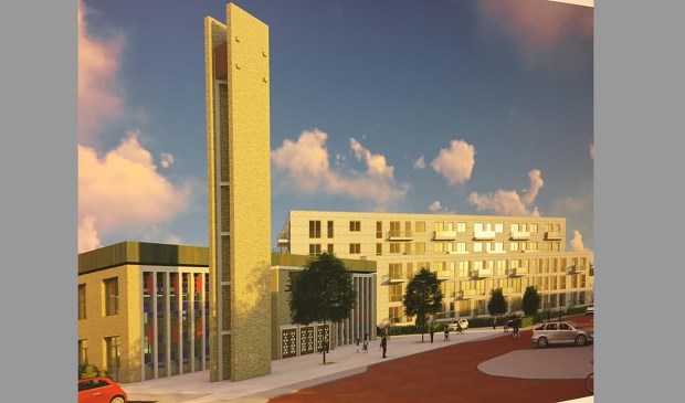 Impressie van hoe het wooncomplex bij de kerk er volgens de plannen uit zou moeten gaan zien.