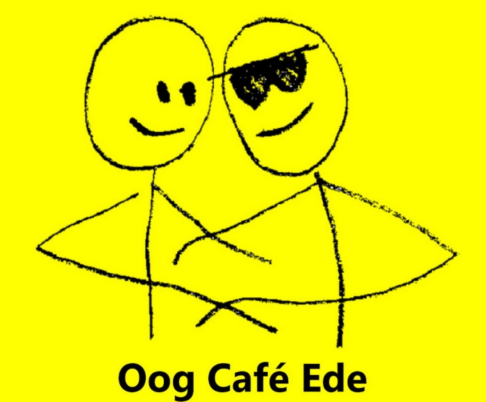 logo Oogcafé: twee mensen die elkaar omarmen waarvan één met een zonnebril