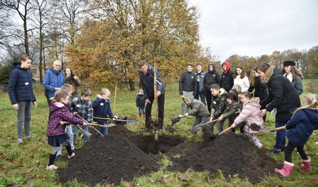 Kleuters scheppen aarde in het gat dat is gegraven voor de walnotenboom.