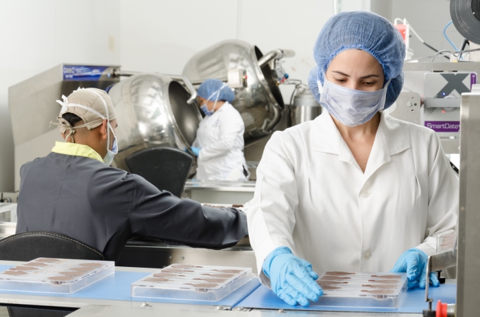 Vrouw bezig met onderzoek in chocoladefabriek