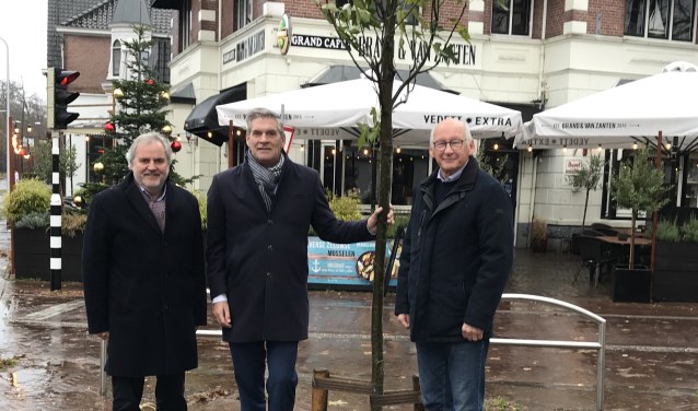 Bram Brinkman, Burgemeester Naafs en Loek Bosman poseren naast de boom