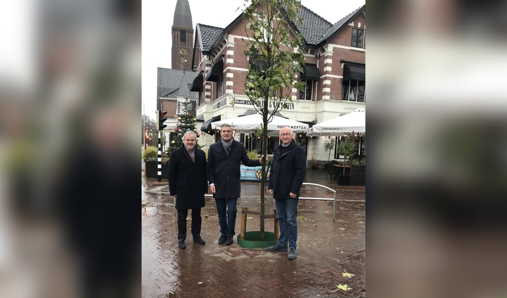 Bram Brinkman, Burgemeester Naafs en Loek Bosman poseren naast de boom