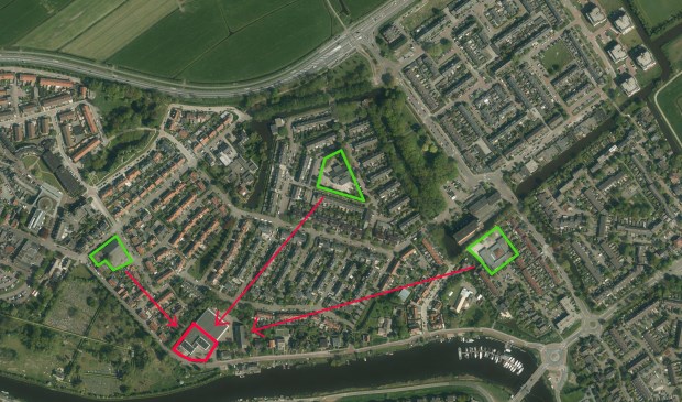 Huidige locaties Amstelschool en Kofschip en voorstel nieuwbouw Bindelwijk.