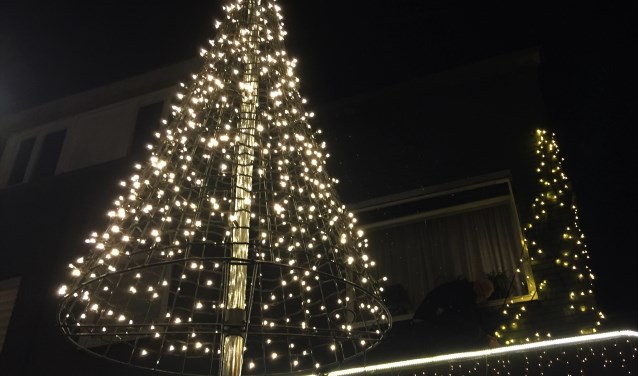 De kerstverlichting bestaat uit hele en halve bomen van led-lampjes.