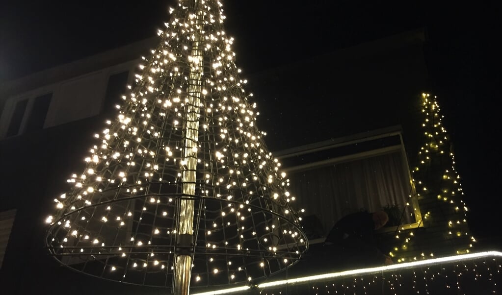De kerstverlichting bestaat uit hele en halve bomen van led-lampjes.