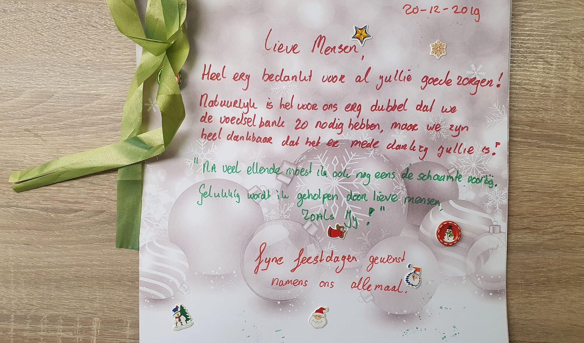 Kerstkaart van Voedselbankklanten in Leusden voor de Vrijwilligers