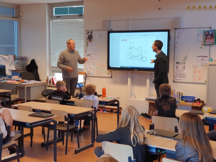 De architecten leggen uit aan de klas